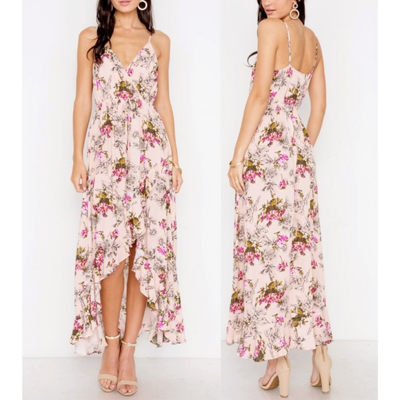 Nude Pink Floral V-Neck Ruffle Skirt Maxi Dress - Picture 6 of 8